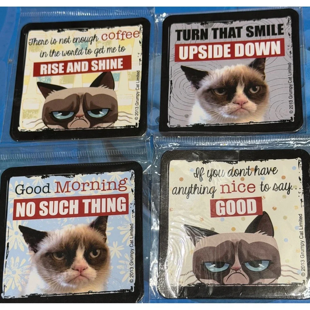 Grumpy Cat Coaster Set 4pc Ganz 2013 Funny Sarcastic Meme Quotes Cat Lover Gift